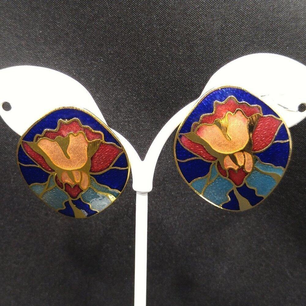 Vintage Cloisonné Blue Pink Enamel Floral Vintage Post Earrings, 1 3/8 Inches